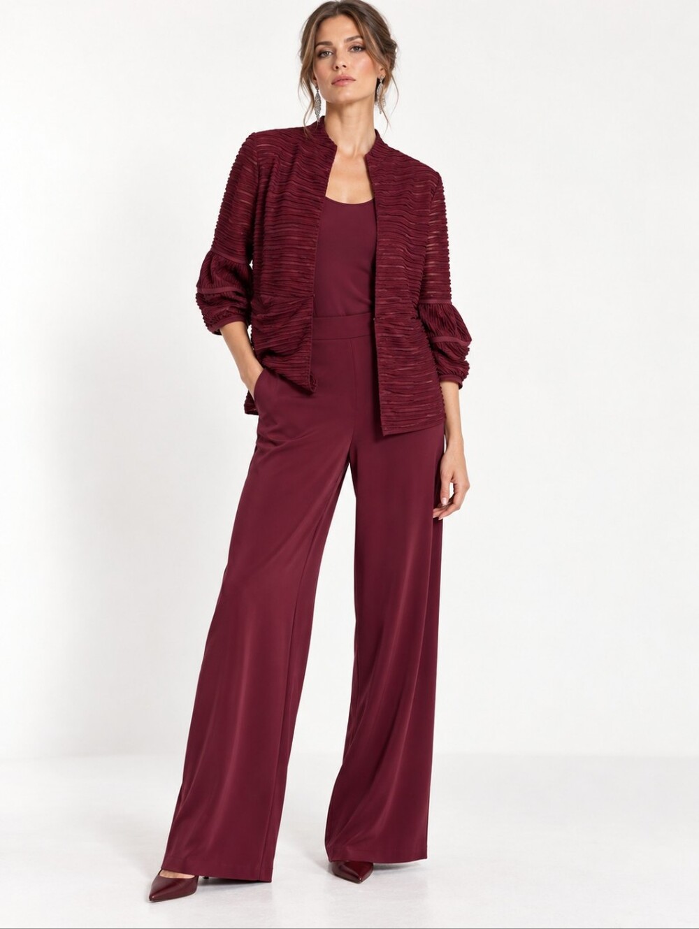 Joseph Ribkoff Set Merlot 3 Piece Open Ruched Jacket Pants Top